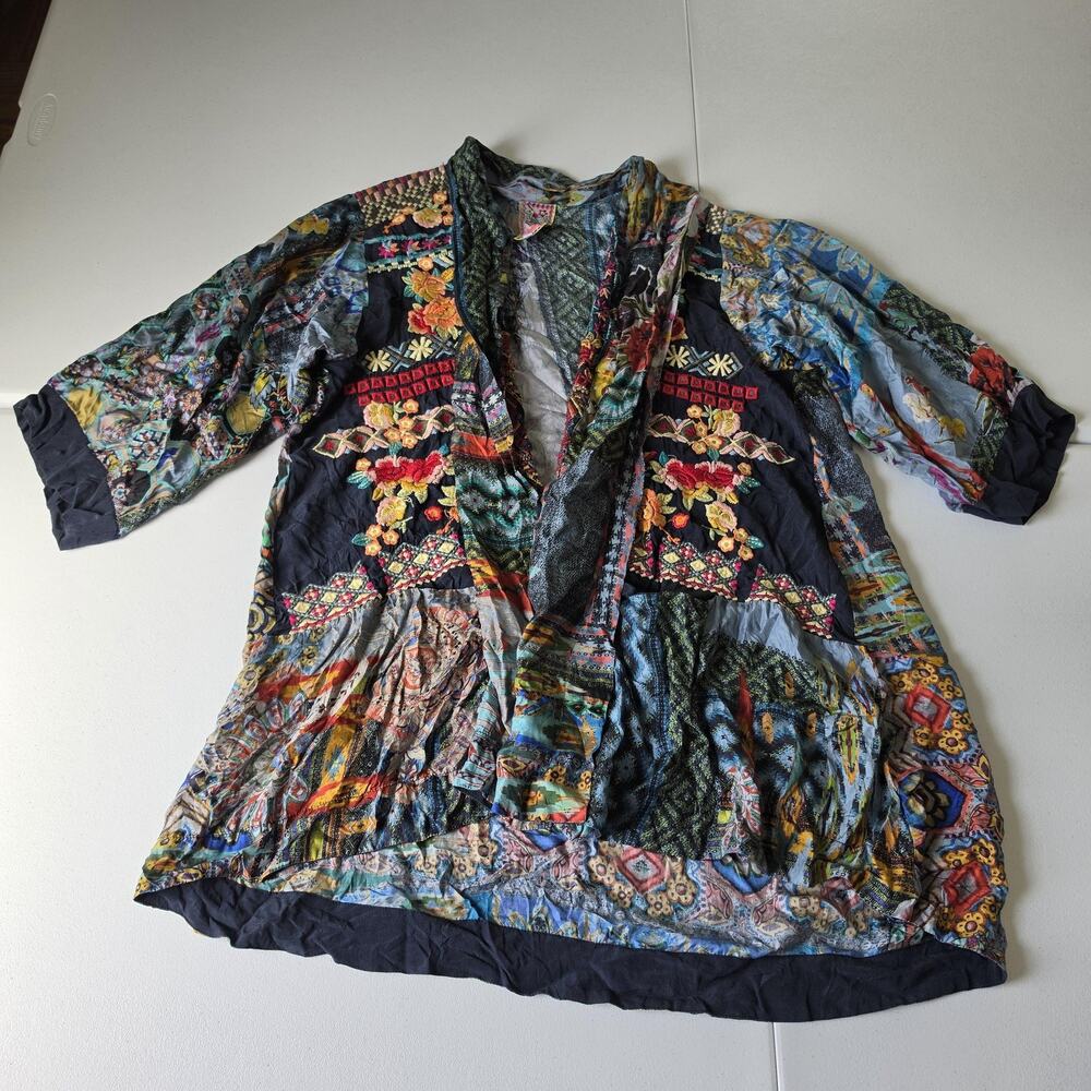 Johnny Was Kimono Blouse Womens Large Multicolor Silk Embroidered Floral Boho